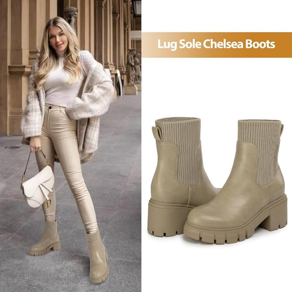 Women’s Taupe Platform Chelsea Boots Lug Sole Chunky Slip On Ankle Booties - Picture 2 of 6